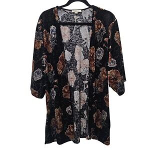 Monteau‎ Black Velvet Floral Kimono Cardigan 3/4 Sleeve Small Whimsygoth Fairy